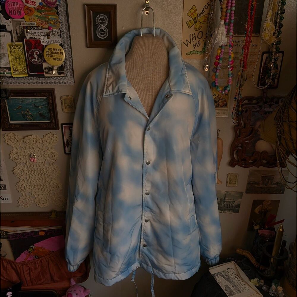 H&M Justine Skye Cloud Print Puffer Jacket Women's Medium Blue White Button Up